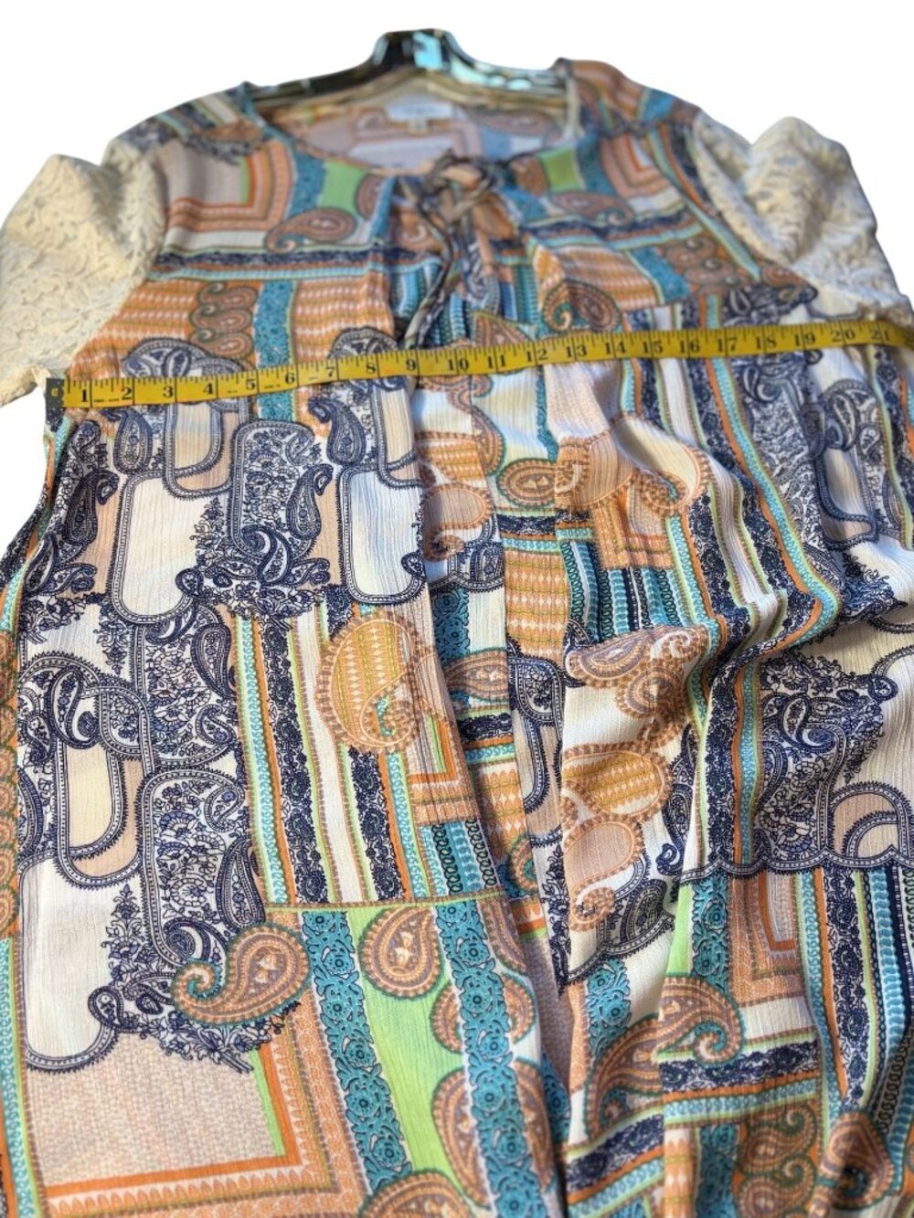 Umgee USA Womens Boho Tunic Dress With Lace Bell Sleeves & Paisley Patchwork - Picture 6 of 8